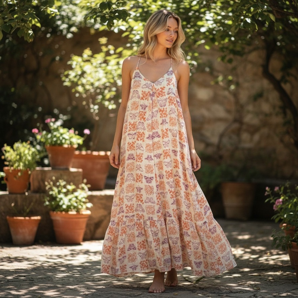 FRNCH Paris Butterfly Print Tiered Maxi Dress Orange Purple Cream V-Neck F12309